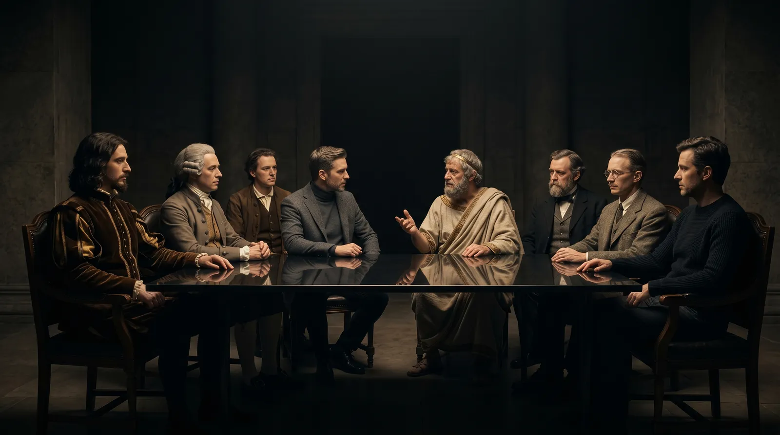A circle of great minds from across the eras, their thoughts rising into one luminous collective mind