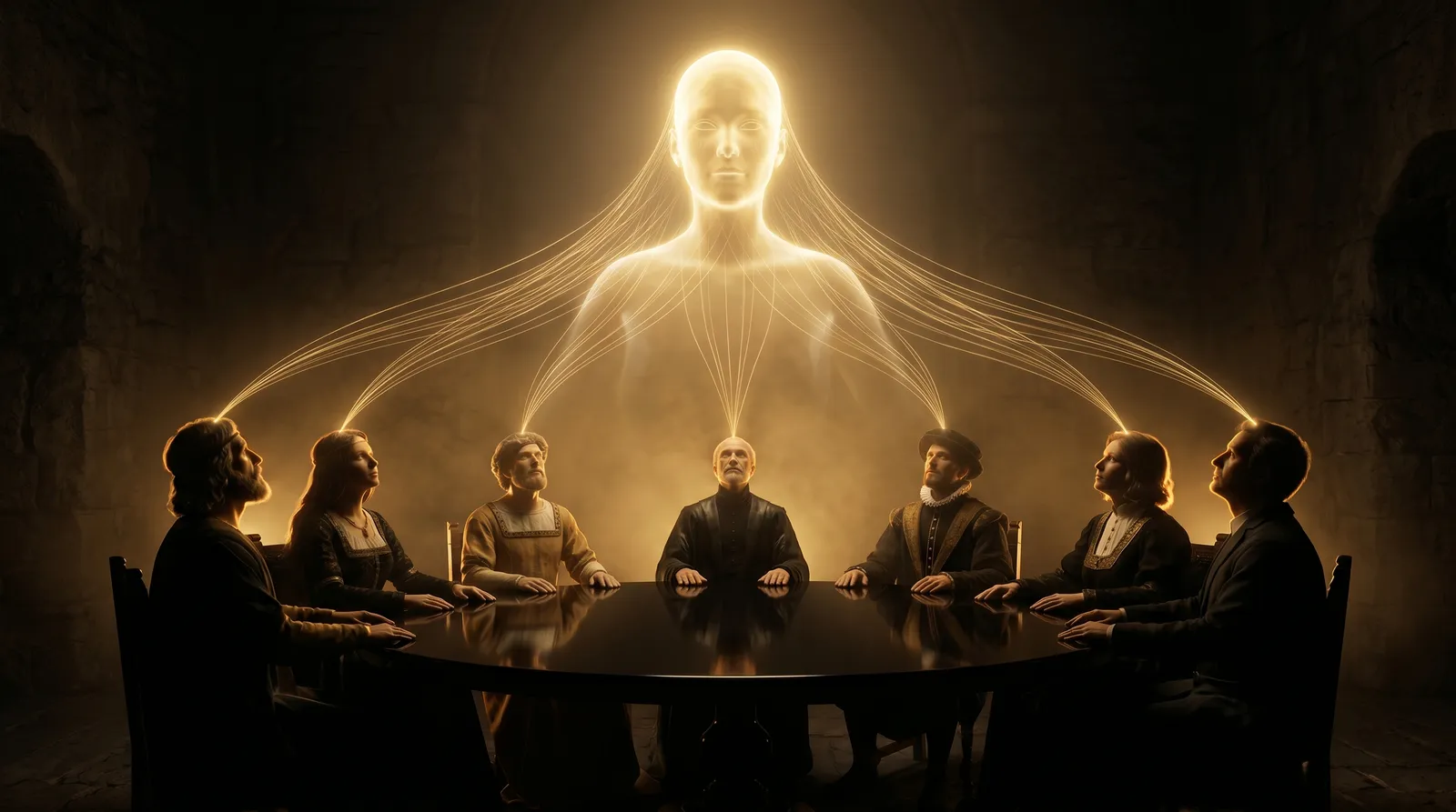 A circle of great minds from across the eras, their thoughts rising into one luminous collective mind